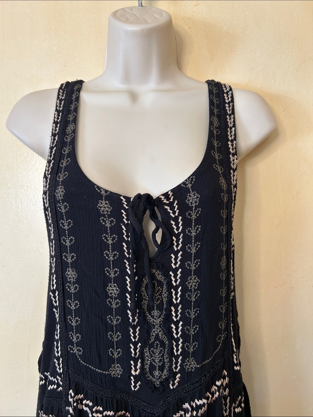 Free People Black Mini Tank Dress with White and Tan Embroidery size S - Picture 3 of 15